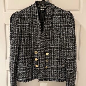 DKNY Black and White Plaid Blazer with Gold Buttons